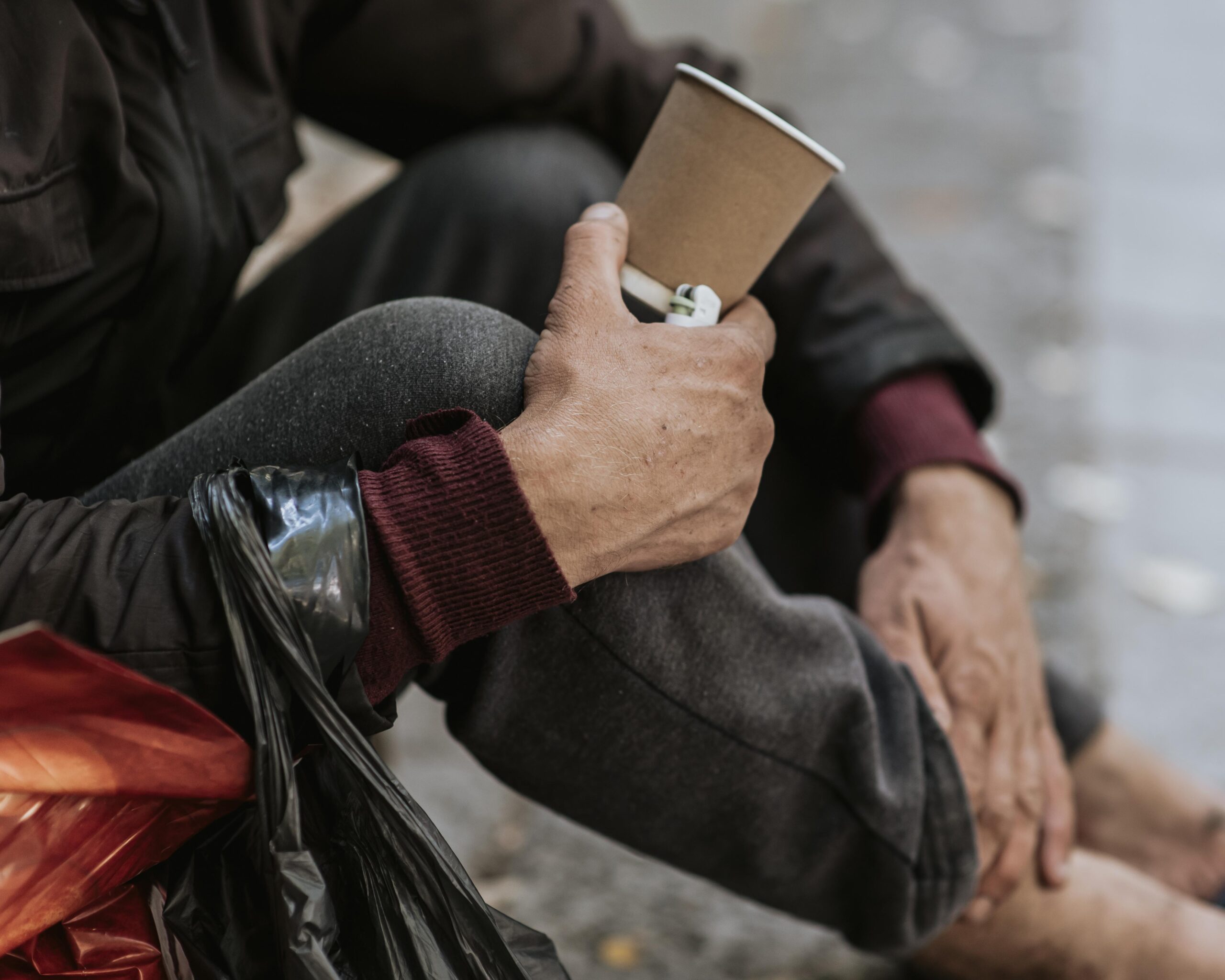 Side View Homeless Man Holding Cup