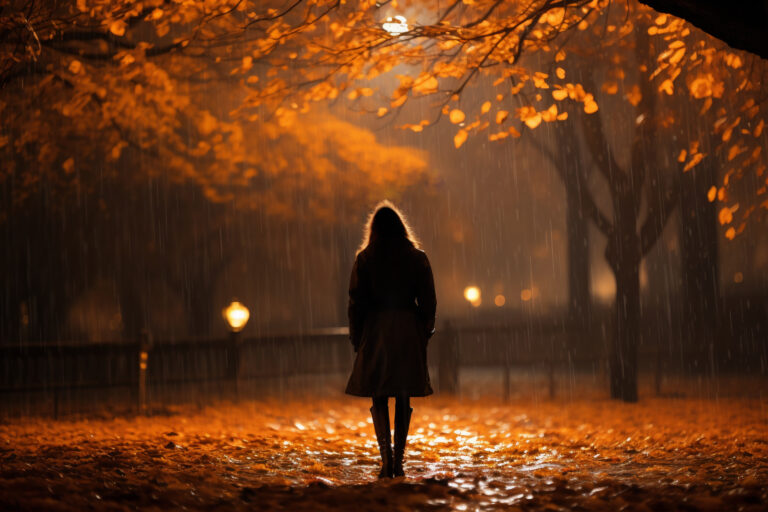 Autumn Landscape With Person Leaves