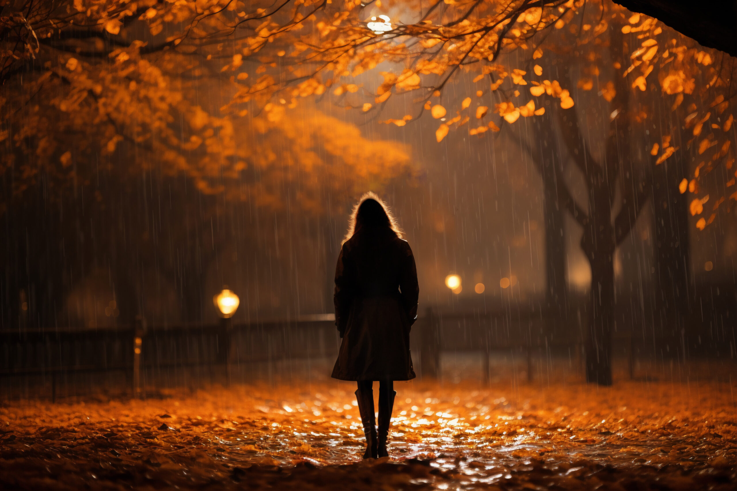 Autumn Landscape With Person Leaves